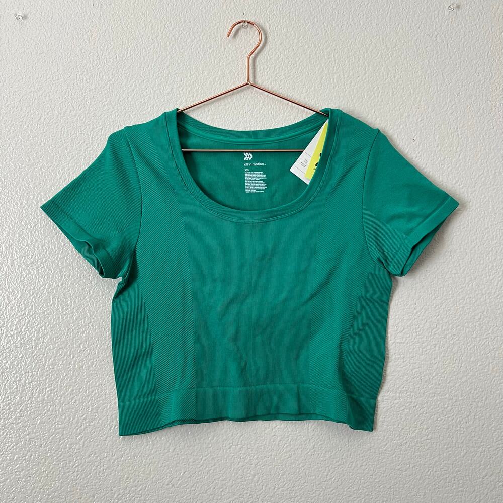 All In Motion Rib Knit Seamless Tee Top cropped short sleeve green